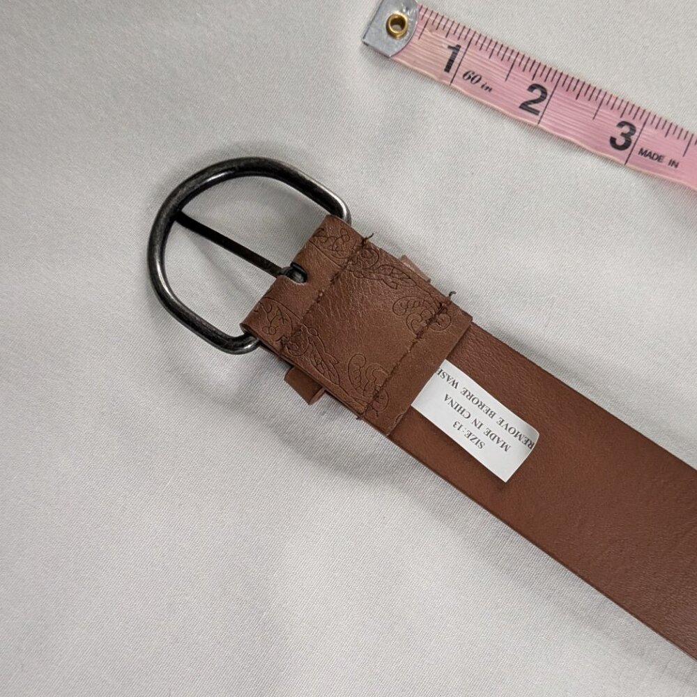 VTG Brown Tan Faux Tooled Leather Teal Silver Gem Silver Buckle Western Belt - Picture 4 of 4